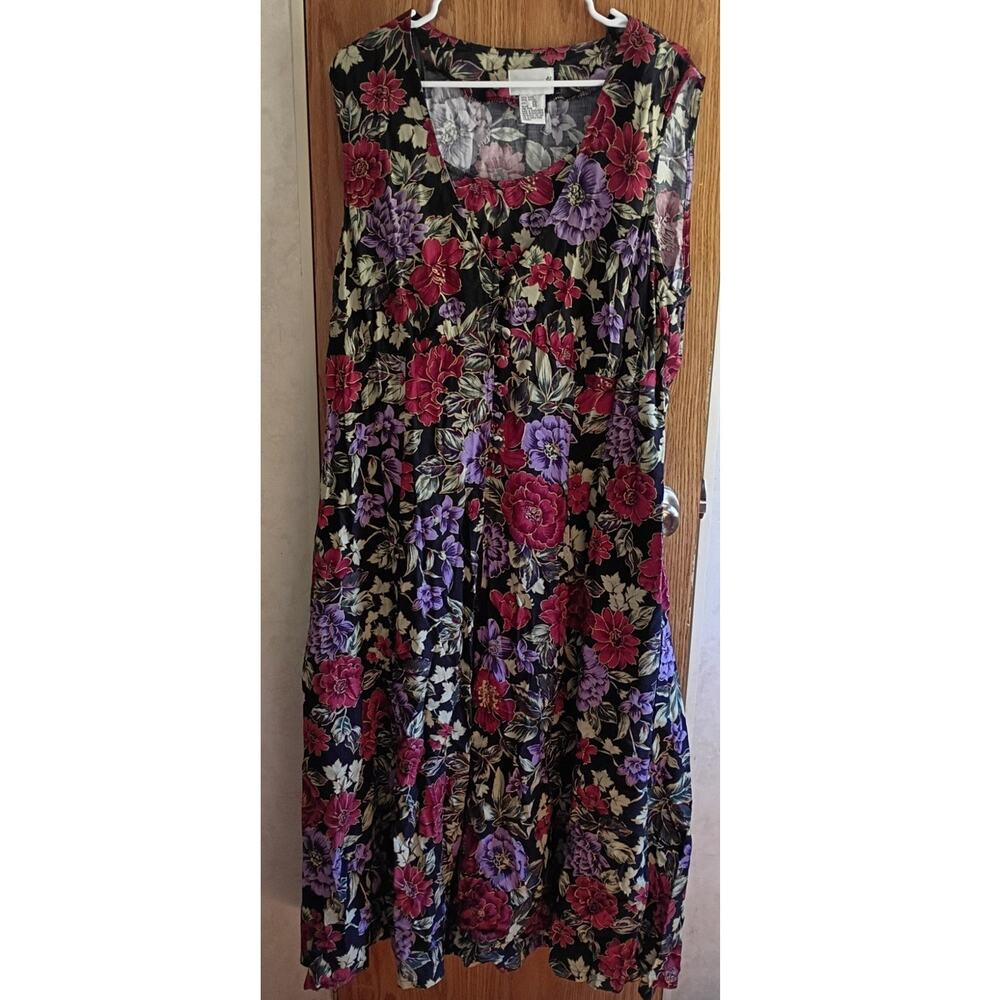 Vintage Fashion Bug Dark Floral Rayon Maxi Dress Plus XXL 2X Frog Closure Boho